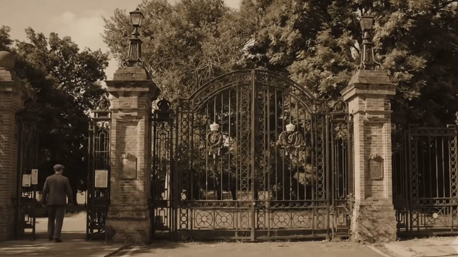 The wrought iron gates of Arnos Park, photographed in sepia